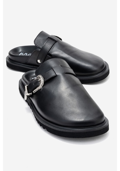 Luvishoes Luvi Shoes Vesta Siyah Cilt Tokalı Hakiki Deri Kadın Burnu Kapalı Terlik Siyah
