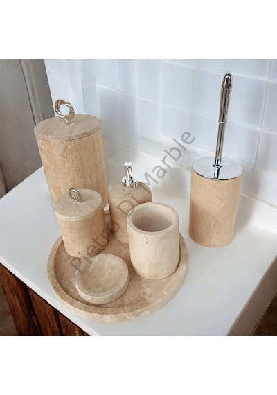 Sarı Traverten Klasik Model 7 Parça Gümüş Renk Halka Aksesuarlı Banyo Seti Sarı Traverten