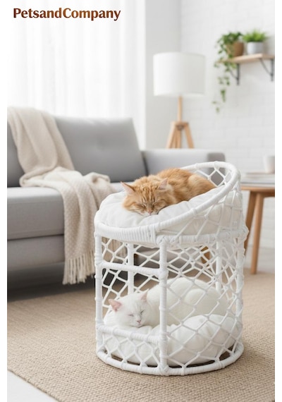 Lüks İki Katlı Kedi Evi, El Yapımı Özel Tasarım Örgü Kedi Yatağı, Modern Kedi Kulübesi Beyaz
