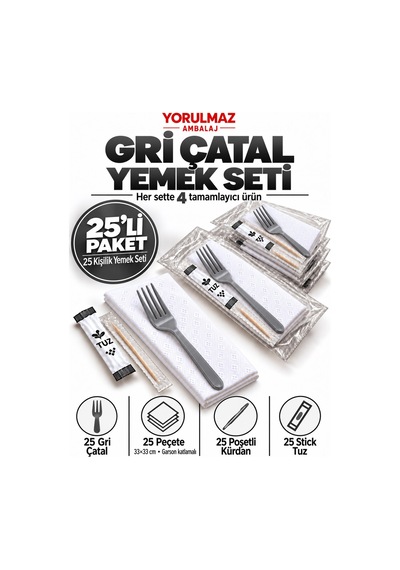 Lüks Gri Çatal Yemek Seti 25 Kişilik 33 33 Cm Garson Katlamalı Peçete, Poşetli Kürdan Ve Stick Tuz