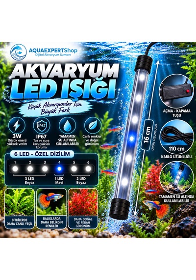 Akvaryum Işığı - Balık Işığı - Tamamen Su İçinde Kullanılabilir - 16 Cm - 6 Led - Mavi Beyaz - Açma Kapatma Tuşlu - 3w - Güçlü Işık