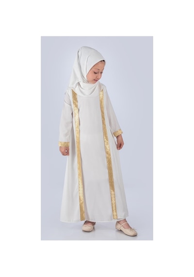 Mnk Baby & Kids Medine İpek Kumaş Eşarplı Tesettür Namaz Elbise M00742 Ekru