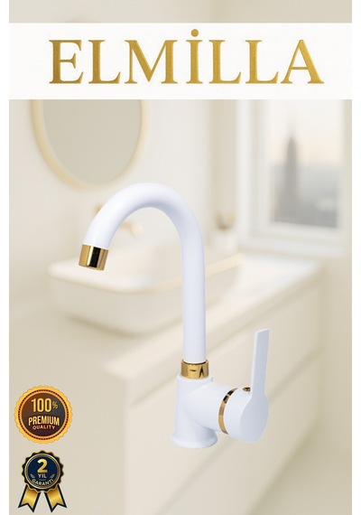 Beyaz Gold Armut Delta Kol Baston Borulu Banyo Lavabo Bataryası Çeşmesi Musluğu Çift Su Girişli