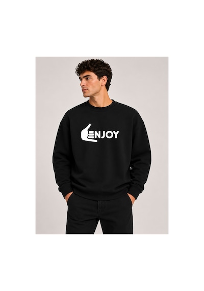 Herkesemoda Enjoy Baskılı Bisiklet Yaka Şardonlu 2 İplik Sweatshirt Siyah