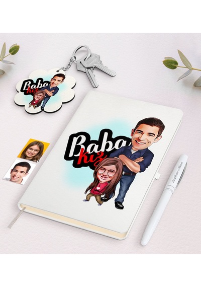 Kişiye Özel Baba Kız Karikatürlü Beyaz Defter Kalem Ve Anahtarlık N11.4511