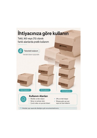 3 Katlı Tekerlekli Kapaklı Saklama Kutusu, Eşya Ve Erzak Organizer 3x12 Litre Kahverengi Bej Bej