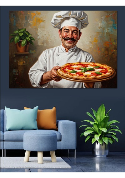 Ahşap Tablo Pizza Tepsisi Tutan Gülümseyen Şef Yiyecek Ve İçecek Tabloları