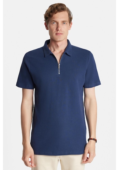 Tudors Erkek Slim Fit Dar Kesim %100 Pamuk Fermuarlı Lacivert Polo Yaka Tişört-34350 Lacivert