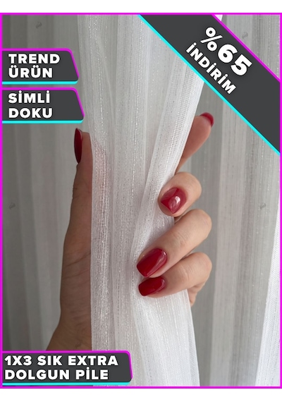 Br Demor Home Modern Simli Bambu Tül Perde 1e 3 Sık Pile Kullanıma Hazır Ütü İstemez Beyaz