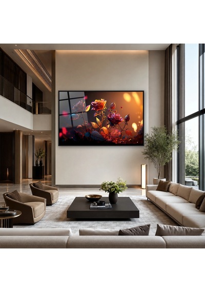 Bokeh Işığında Kırmızı Güller Siyah Çerçeveli Cam Tablo