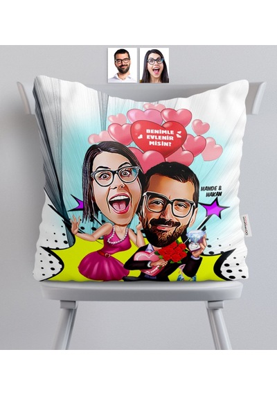 Kişiye Özel Evlilik Teklifi Karikatürlü Saten Yastık - 2