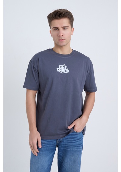 Velvoria Unisex Oversize Relaxed Get Ready Baskılı Antrasit Renk T-shirt