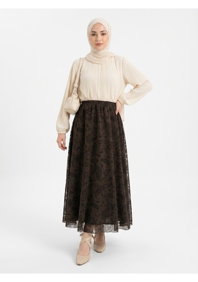 Nevayla Moda Flok Tül Çiçek Desenli Etek - Kahverengi / A0107