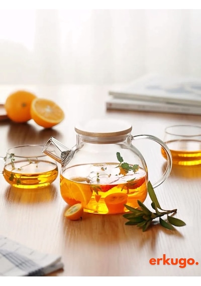 Vakumlu Bambu Kapaklı Isıya Dayanıklı Borosilikat Cam Demlik, Süzgeçli Demlik 1000 Ml Teapot Şeffaf
