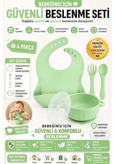 Silikon Beslenme Seti Silikon Vakumlu Kapaklı Mama Kasesi , Silikon Önlük, Çatal Ve Kaşık / Yeşil
