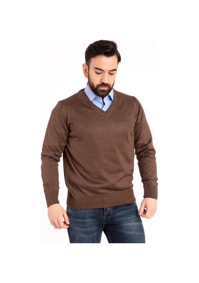 Nacar Store Erkek Kahverengi Ince Yün Triko V Yaka Triko Kazak
