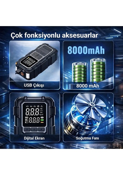 Tr 8000mah Akü Takviye Ve Lastik Şişirme Kompresörü Taşınabilir Jump Starter, Dijital Hava Pompası, Usb Powe