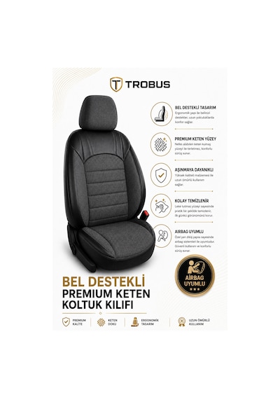 Levante Serisi Bel Destekli Keten Füme Üniversal Koltuk Kılıfı Tam Set