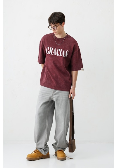 Vamos Oversize Baskılı Tişört V70-143 Bordo