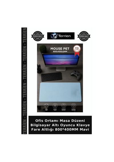 Ofis Ortamı Masa Düzeni Bilgisayar Altı Oyuncu Klavye Fare Altlığı 800 400mm Mavi