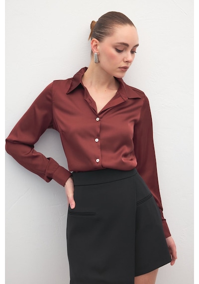 Sateen Saten Gömlek - Bordo-137000 Bordo