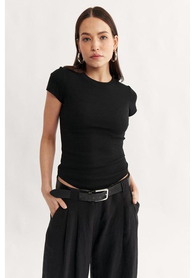 Siyah Bisiklet Yaka Basic Kadın T-shirt Mg2479 Siyah