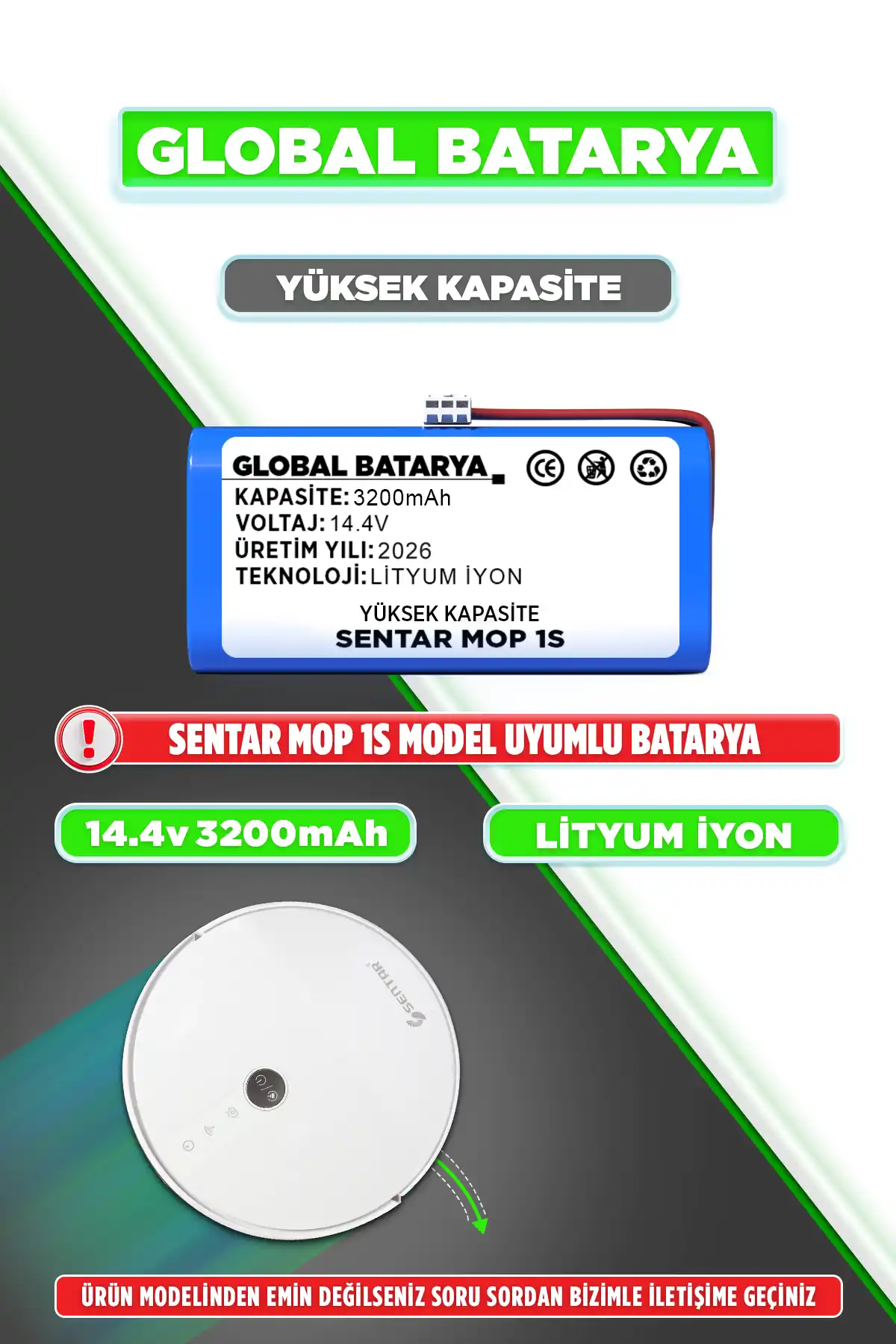 Sentar Mop 1s Uyumlu Akıllı Robot Süpürge Bataryası 14.4v 3200mah Pil Yüksek Kapasite