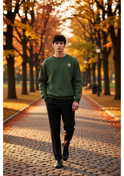 Benerly Erkek Bisiklet Yaka Düşük Kol Nakışlı Oversize Sweatshirt Pamuk Haki