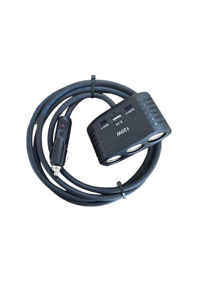 Araç Çakmak Uzatma Kablosu Çakmaklık Çoklayıcı Usb, Type-c Çıkışlı 12 Volt 10 Amper 120 Wat 2 X1,5mm Ttr Bakır 2 Mt-siyah-yk-ot732
