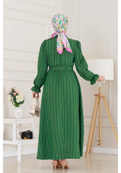 Sevitli Kolu Volanlı Kemerli Henna Elbise-yeşil-5059 Yeşil