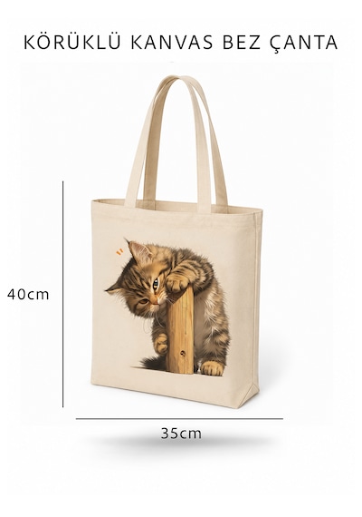 Lunora Collectıon Sevimli Kedi Baskılı Körüklü Kanvas Bez Çanta Ham Renk