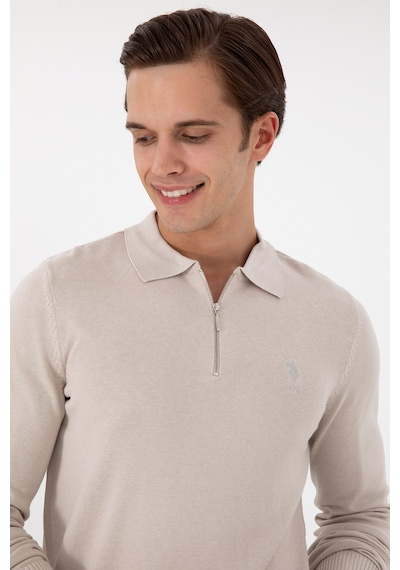 U.S. Polo Assn. Erkek Slim Fit Yarım Fermuarlı Taş Melanj Basic Kazak 50297066-VR225