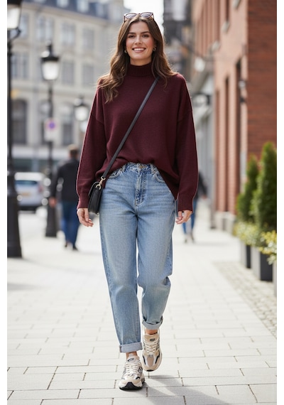Lela Premium Oversize Fit Balıkçı Yaka Yumuşak Dokulu Triko Bayan Kazak 680Kz00469 Bordo