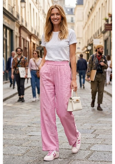 Hb Harma Time Butik Kadın Beli Lastikli Çilek Kumaş Pembe Salaş Pantolon Pembe Pembe