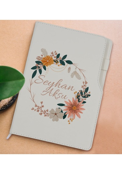 Bk Gift Kişiye Özel Çiçek Tasarımlı Beyaz Termo Deri Not Defteri 15x21cm-20