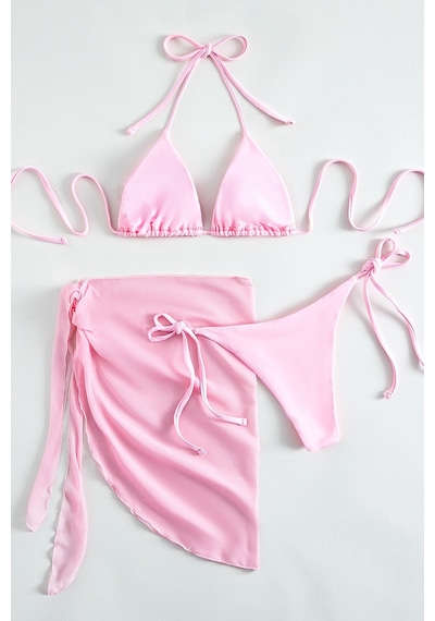 Angelsin Pareolu Bağlamalı 3'lü Bikini Takım Set Çıkartılabilir Kaplı Pembe