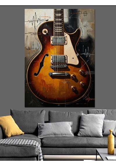 Ahşap Tablo Sanatsal Boyalı Elektro Gitar İnsan Figürlü Tablolar