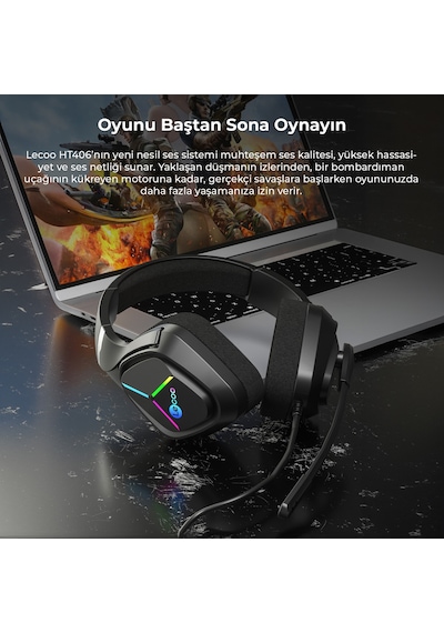 Lecoo HT406 3.5mm Jack + USB Kablolu RGB Kulak Üstü Gaming Kulaklık