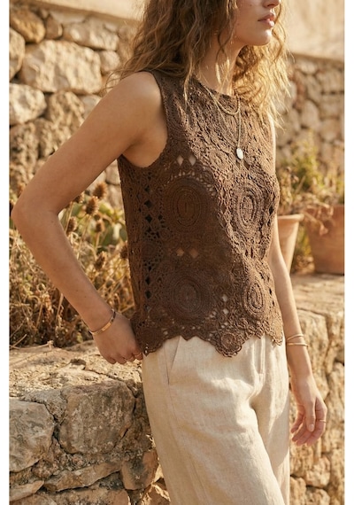 Sayzen Your Shine Kolsuz Dantel/tığ Dokuma Kadın Bluz Shn-2603 Kahverengi
