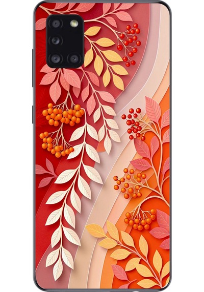 Samsung Galaxy A31 Uyumlu Kırmızı Beyaz İğdeler Baskılı Silikon Kılıf Renkli