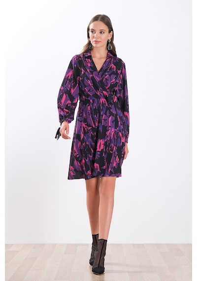 Explosion Kruvaze Yaka Desenli Mor Kadın Elbise 22256617 001