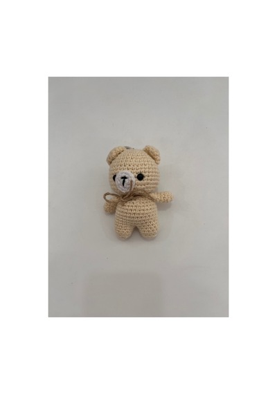 El Yapımı Amigurumi Ayıcık Anahtarlık - Örgü Figür, Jüt Fiyonklu 9-10 Cm Krem Krem