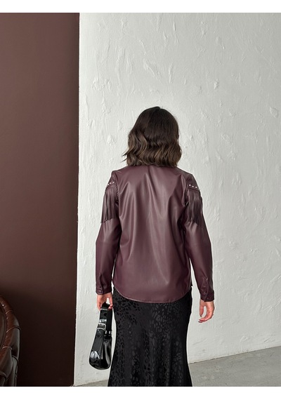 Verymoda Droplu Püsküllü Suni Deri Gömlek - F2043 MÜRDÜM