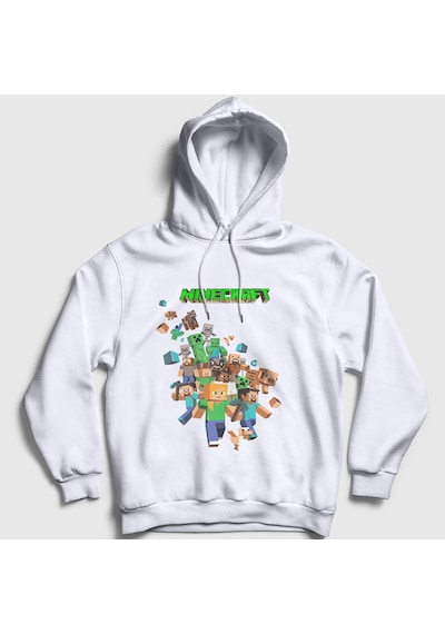 Presmono Unisex All Minecraft Kapüşonlu Sweatshirt Beyaz