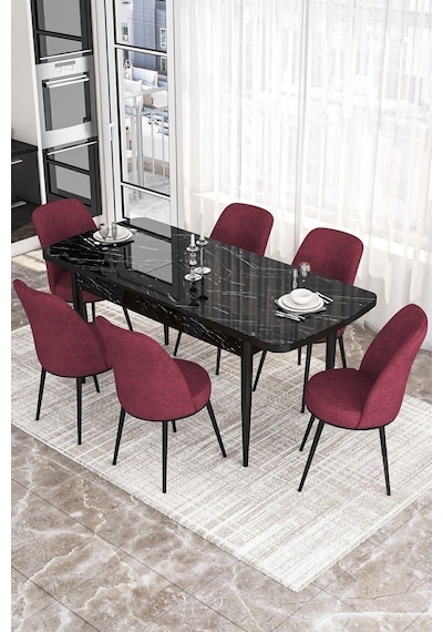 Canisa Concept Kor Serisi, 70x114 Açılabilir Yemek Masası Takımı, Siyah Mermer Desen Masa Ve 6 Bordo Sandalye Masa Siyah Mermer Sandalyeler Bordo Canisa Concept Kor Serisi, 70x114 Açılabilir Yemek Masası Takımı, Siyah Mermer Desen Masa Ve 6 Bordo Sandalye Masa Siyah Mermer Sandalyeler Bordo