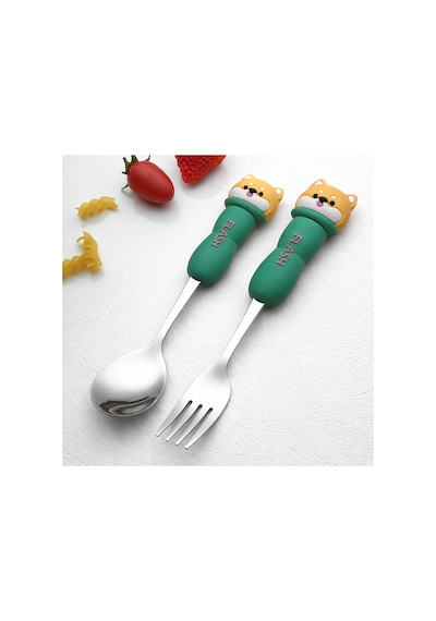 Yeşil Renk Ayı Figürlü Premium Çocuk Bpa Free Paslanmaz Çelik Uçlu Çatal-kaşık Set 24+ Ay