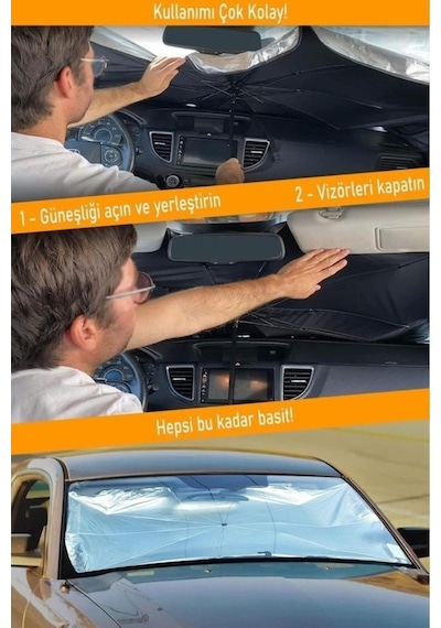 Yunjiwu Araç Oto Güneşlik Katlanabilir Şemsiye Ön Cam Güneş Perdesi Antrasit