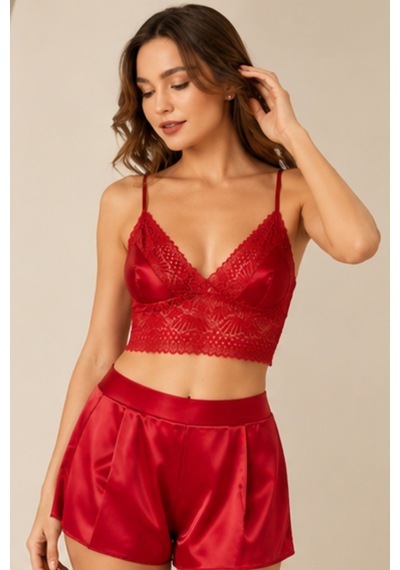 Loule Kadın Kırmızı Dantel Braletli Saten Şortlu Pijama Takımı