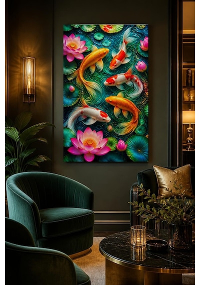 Koi Balığı Ve Lotus Baskılı Cam Tablo Renkli Uv Baskı Dekoratif Duvar Tablosu