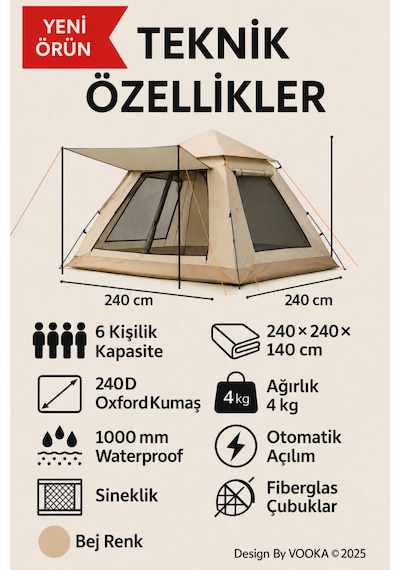 6 Kişilik Otomatik Kurulumlu Kamp Çadırı Sineklikli & 1000 Mm Su Geçirmez Outdoor Çadır Bej Mavi